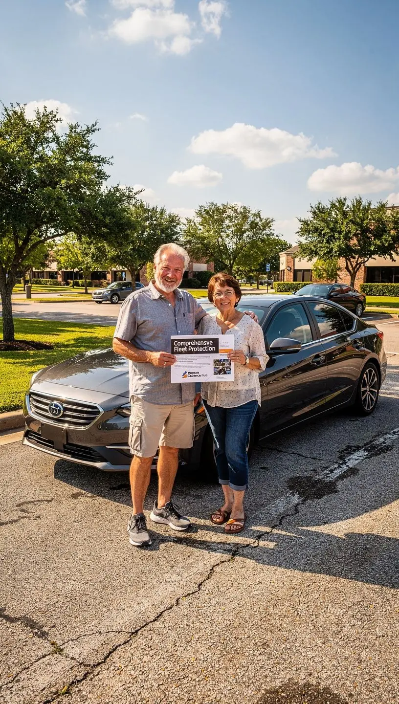 Ilustracja przedstawiająca dokumentację ubezpieczeniową oraz kluczyki samochodowe na biurku.