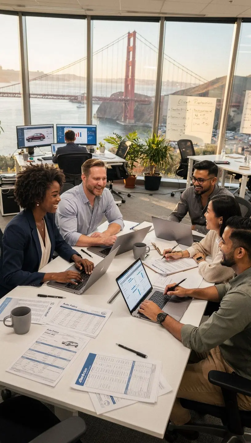 Wizualizacja ochrony ubezpieczeniowej, z grafiką pokazującą zadowolonych właścicieli pojazdów.