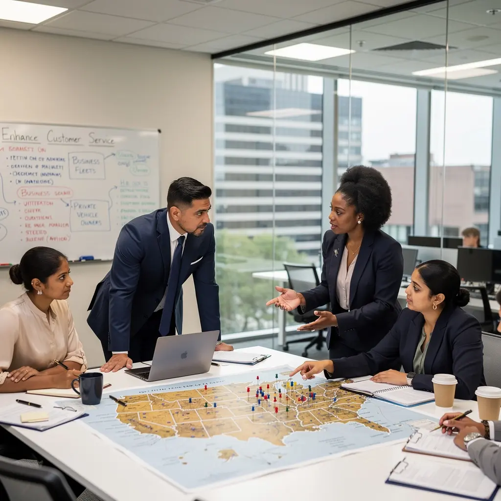 Zdjęcie przedstawiające warsztat samochodowy z pracownikami zajmującymi się naprawą pojazdów flotowych ubezpieczonych.